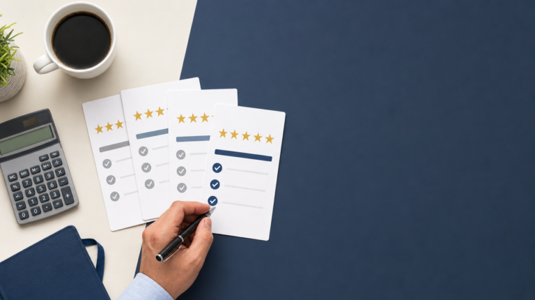 Comparison of top-rated debt consolidation companies shown as rating cards with star scores and checklists being reviewed and ranked
